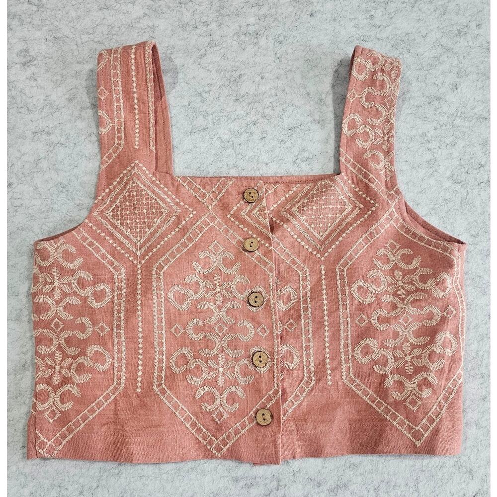 Joie Embroidered Linen-Blend Crop Top, Mauve, Geometric, Boxy, Sz S, New